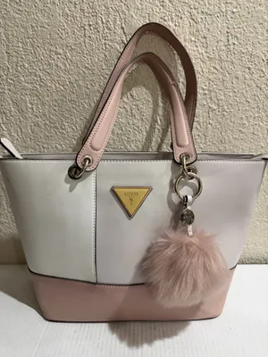 Guess Blush & Cream Colorblock Tote Bag Gold Logo Charm Pom Pom Large thumbnail 20