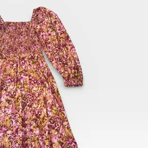 J.Crew Pink Floral Smocked Puff Sleeve Cotton Midi Dress XS Fit Flare thumbnail 4