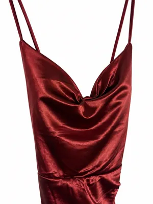 Women’s Burgundy Satin Ruched Cowl Neck Midi Dress thumbnail 3