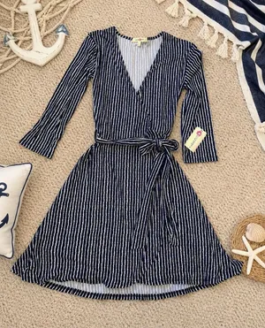 Navy White Striped Wrap‎ Dress Small NWT Office Work thumbnail 1