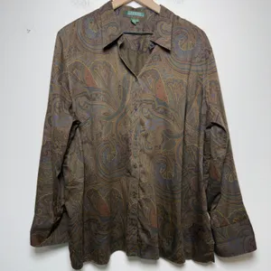 Lauren Ralph Lauren Women 100% Cotton Shirt 2X Brown Paisley Long Sleeve Button thumbnail 1