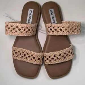 Steve Madden Dutchess Tan Woven Raffia Double Strap Flat Slide Sandals‎ 6.5 thumbnail 1