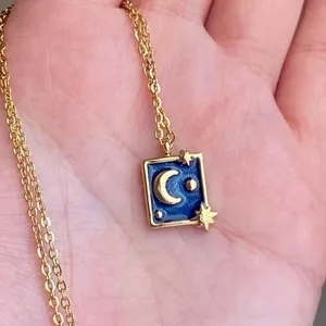 Handmade gold stainless steel blue celestial whimsical chic moon necklace🌟 thumbnail 2