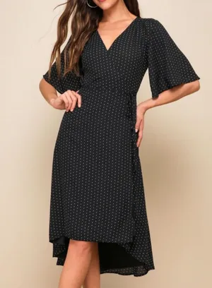 Lulu’s Farah Black Polka Dot Flutter Sleeve Midi Wrap Dress thumbnail 1