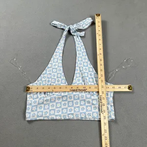RSQ Halter Crop Top XL Blue White Checkerboard Flower Print Tie Neck Tank NWOT thumbnail 2