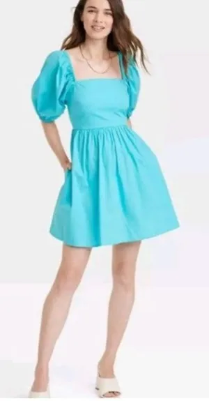 A New Day Teal Puff Sleeve Square Neck Cotton Pocket Mini Dress Size M‎ thumbnail 1