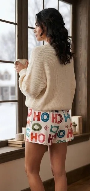 Christmas Festive Multi-Color 'HO' Print Mini Shorts in Cream thumbnail 1
