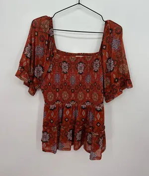 Maurices Womens Orange Babydoll Top‎ Sz L Boho Festival Peasant Fall Feminine thumbnail 1