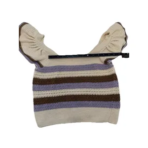 MNG Mango Beige Striped Knit Ruffle Flutter Sleeve Square Neck Cropped Top S thumbnail 11
