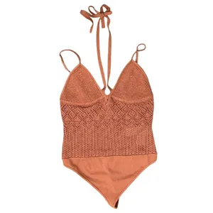 Abercrombie and Fitch Brown Thong Knit Crochet Halter Strappy Bodysuit Size L thumbnail 3