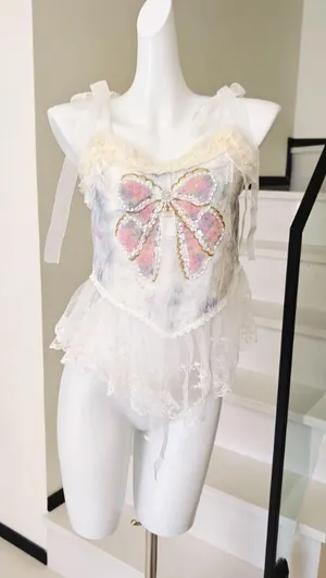Sheer Mesh Cami Top Beaded Bow Embroidery Lace  thumbnail 1