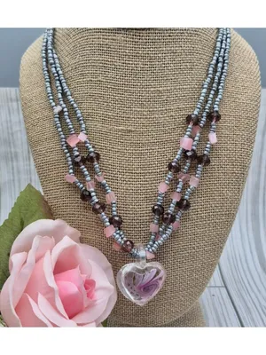 Artisan Silver & Pink Beaded Necklace With Glass Floral Heart Pendant 21" Fairy thumbnail 2