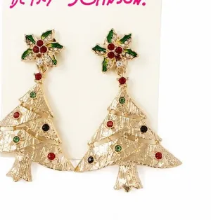 Cute Betsey Johnson Christmas Tree Drop Dangle Earrings Gold Red Green Crystal thumbnail 1