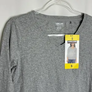 Kirkland Signature Gray 3/4 Sleeve V- Neck Slub Tee 100% Cotton NWT Womens Small thumbnail 2