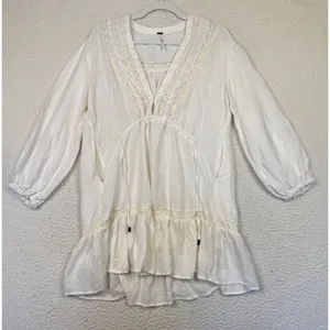 Free People Dress Small‎ Womens White Boho Peasant Ruffle Hem Lace Trim Festive thumbnail 1