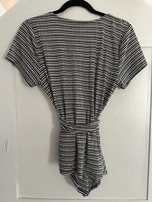 7 For All Seven Mankind Wrap Top Women L Black White Stripe Pima Cotton Tie thumbnail 3