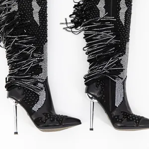 Azalea Wang Crewe Black Silver Crystal Embellished Fringe Western Boots Shoes 6 thumbnail 3