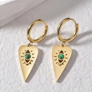 Malachite Center Stone Dangling Heart Gold Hoop Earrings thumbnail 1