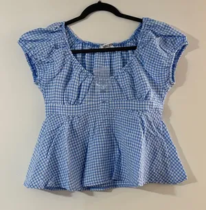 Double Zero Light Blue Gingham Peplum Cap-Sleeve Blouse thumbnail 1