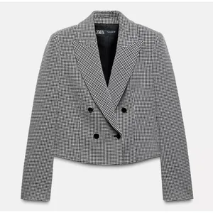 Zara Woman Black White Checkered Cropped Double Breasted Blazer XS thumbnail 1