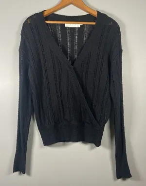 ASTR The Label S Faux Wrap V-neck Pointelle Knit Pullover Sweater‎ Black ($79) thumbnail 1