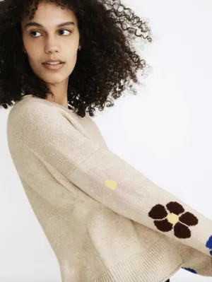 Madewell Beige Belmore Boxy Fit Floral-Sleeve Pullover Sweater - Size - Medium thumbnail 2