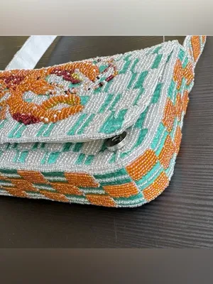 Handcrafted Lobster Crawfish Beaded shoulder Bag Checked stripped Sparkly NWT thumbnail 5