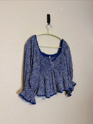 Free People Brittnee Print Smocked‎ Peplum Crop Top Blue Combo Size Small thumbnail 5