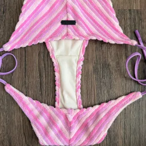 Triangl Swimwear Vinca Lotus Pink Stripe Terry Toweling Bikini Set Size Small thumbnail 6