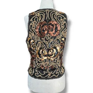 Vintage 90s‎ Black Tie Silk Beaded Metallic Sequin Open Front Vest Gold Bronze thumbnail 7