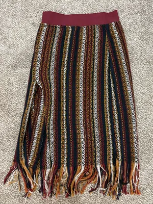 Zara Burgundy Waist Striped Fringe Midi Skirt thumbnail 3