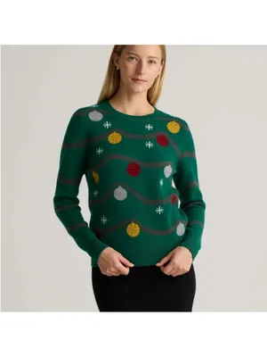 Quince Festive Green Sweater with Ornaments Small thumbnail 2