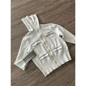 Marc New York Turtleneck Sweater Womens M Ivory White Full Zip Black Stripe Knit thumbnail 8