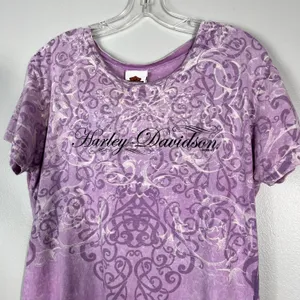 Harley Davidson Y2K Purple Leopard Print Fitted Script Logo Biker T-Shirt Large thumbnail 2