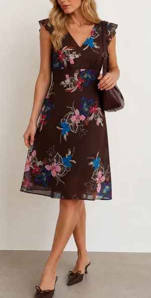 Floral V-Neck Brown Midi Dress with Pink & Blue Accents thumbnail 1