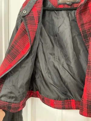 Red & Black Plaid Moto Jacket With Faux Leather Sleeves thumbnail 5