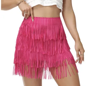Fringe Skirt Women High Waist Mini Stretchy Pink Small thumbnail 2