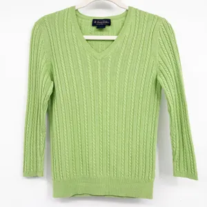 Brooks Brothers‎ Womens Silk Cashmere Cable Knit Preppy V-Neck Sweater Green M thumbnail 1
