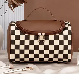 Brown Checker Faux Leather Cosmetic Makeup Bag Boxy Travel Case NWT thumbnail 1