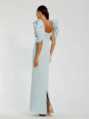 MAC DUGGAL Size 8 Blue Fitted Crepe Square Neck Gown Dress With Puff Sleeves thumbnail 3