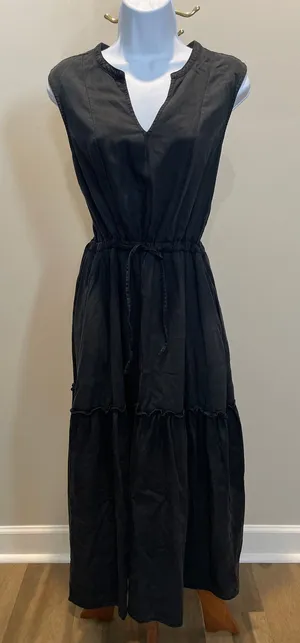 Lands’ End Black V Neck Adjustable Tie Waist Dress Size M Long thumbnail 1