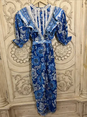 FARM Rio Full of Flowers Blue Floral Lace Jumpsuit Small Flaw Vacay Boho S-S thumbnail 13