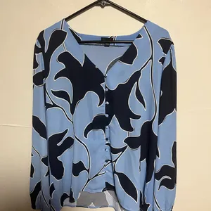 Ann Taylor Blue and Black Notched Collar Blouse thumbnail 1
