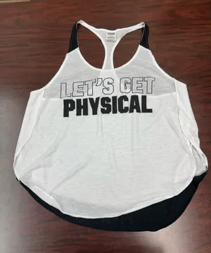 PINK Victoria’s Secret “Let’s Get Physical” White & Black Racerback Tank Top- LG thumbnail 1