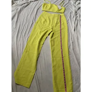 Aria Chartreuse Lime Two Piece Crop Top Wide Leg Pants Matching Set thumbnail 6