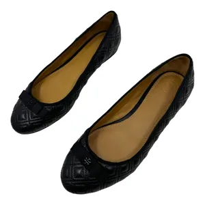 Tory Burch Black Leather Quilted Bow Ballet Flats Designer Shoes Size 7 thumbnail 2