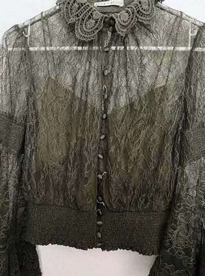 Alice + Olivia Moss Green Bell-Sleeve Crochet Collared Top Boho Fairy Grunge Witchy Ethereal thumbnail 5