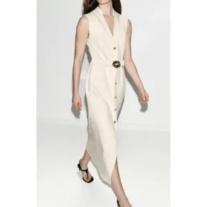 Zara Ecru Midi Dress Gold Buttons Sophisticated Minimalist Quiet Luxury Cream thumbnail 7