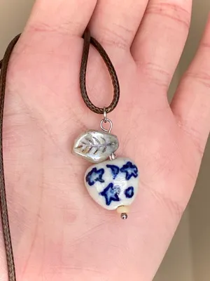 Handmade celestial porcelain heart bead & Czech leaf unique boho fairy whimsical necklace🌙🌀🌟 thumbnail 1