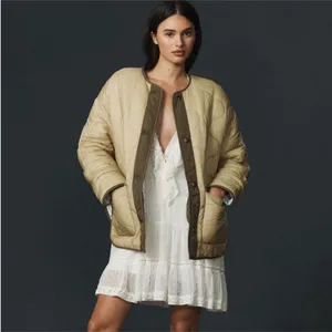 Anthropologie Tan Floral Reversible Quilted Puffer Jacket thumbnail 5